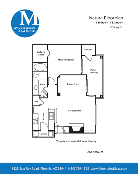 Floor plan for 1 bed, 1 bath, 785 sqft